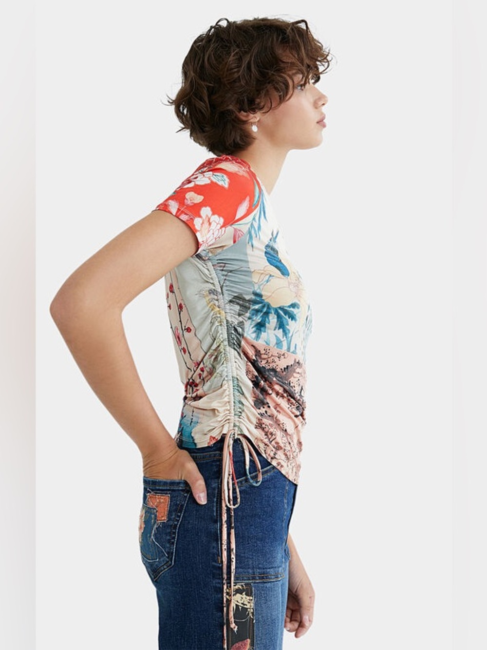 Desigual Floral & Bird Print Drawstring Tee slinky stretchy chic boho farm rio - Picture 2 of 7